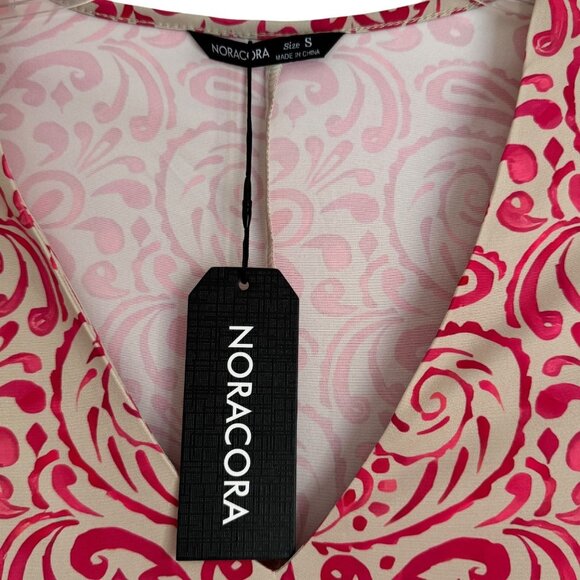 New Women's V-Neck A-Line Maxi Dress Pink & Beige Pattern Small Short Sleeve - Picture 3 of 8